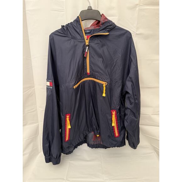VTG 90s Tommy Hilfiger Windbreaker XL Blue Patch Logo Sleeve - Picture 1 of 12